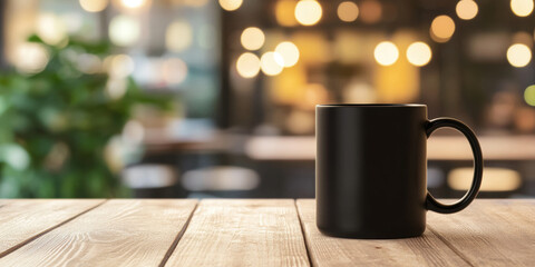 Cozy coffee shop with black mug on wooden table and bokeh lights background for a warm ambiance