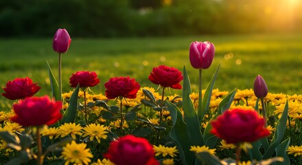 Vibrant Sunset Garden Tulips and Red Flowers Landscape