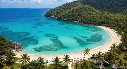 Fototapeta premium Stunning Aerial Photograph of Tropical Beach with Lush Greenery and Turquoise Waters, Perfect for Travel and Vacation Concepts