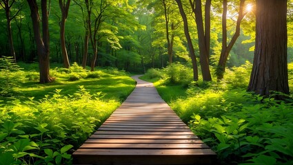 Obraz premium Sunlit wooden pathway through a lush green forest