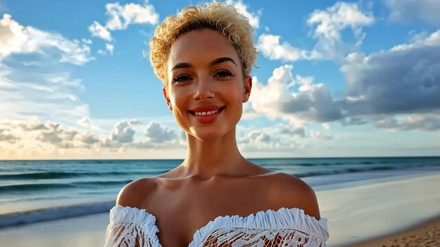 African lady with short blond hair standing on a beach with a beautiful sky and the ocean in the backdrop