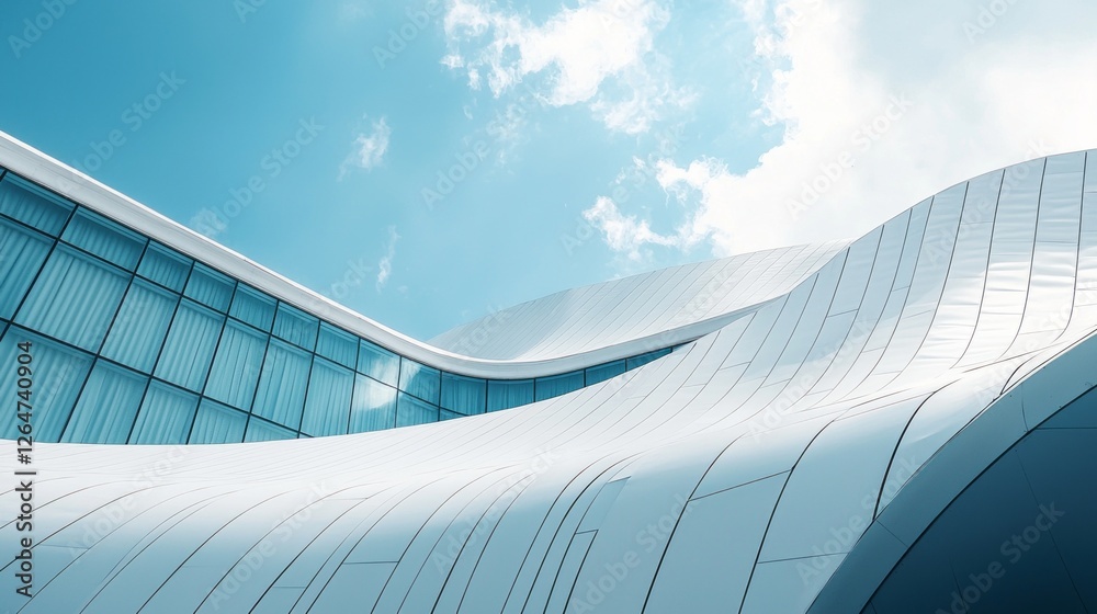 Poster curved and sleek, the factory's architecture stands out against the sky, showcasing innovative desig
