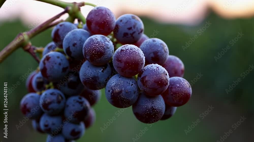 Poster luscious red grapes hang from the vine, covered in glistening dew at twilight, creating a serene and
