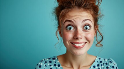 Flattered Beauty: Shy Woman in Blue Polka Dot Dress Blushing and Giggling