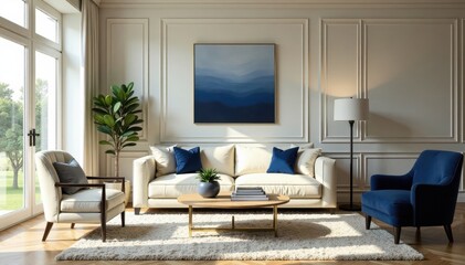 Cream, gold, & navy plush living room Elegant, sophisticated decor , luxury, lamps