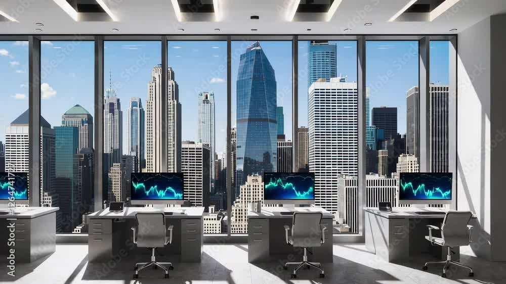 Leinwandbilder Sunlight illuminates a modern office interior with computer monitors displaying financial charts, showcasing the philadelphia skyline through large windows in a slow motion sequence