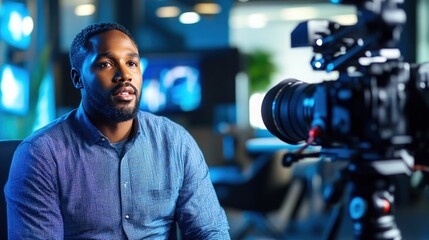 Man video interview office night studio filming