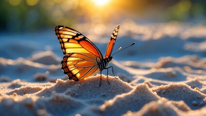 Obraz premium Vibrant butterfly resting on sunlit sandy ground