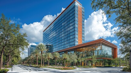 Obraz premium Modern architectural building with glass facade surrounded by palm trees and blue sky