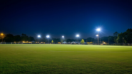  A Football Stadium at Night with Shining Lights, a Wide View from the Field, Soft Ambient Glow and Blurred Surroundings