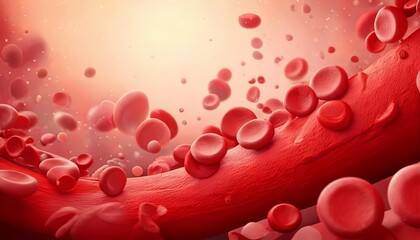 Highly detailed 3D medical illustration of red blood cells flowing through a blood vessel, representing circulation and human biology.

