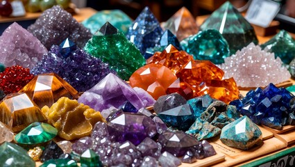 Vibrant display of polished gemstones at market