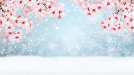 Fototapeta premium A serene scene featuring cherry blossoms against a soft blue background, with gentle snowflakes falling, creating a peaceful winter ambiance.