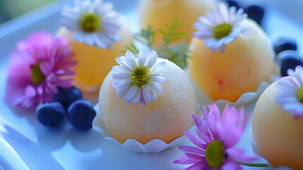 A colorful dessert display garnished with flowers and berries.