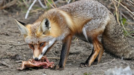 Fototapeta premium Fox Eating a Meal. Wild Red Fox Enjoying a Wildlife Feast in Nature