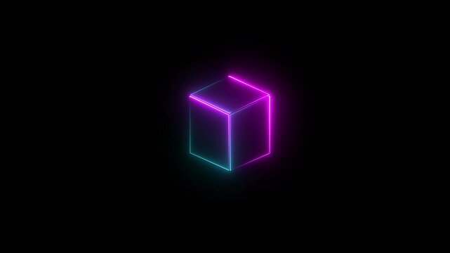 Glowing looping pentagonal neon square frame effect, black background. Technology Sign, Colorful Neon Figure On Black Background. Cyan and pink color neon glowing square concept. 4k 