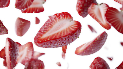 Fresh and ripe strawberries falling isolated on transparent background