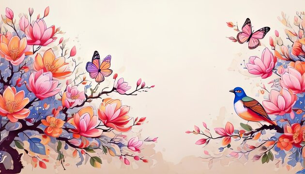 Elegant magnolia blossoms in full bloom, delicately illustrated with soft pink petals on winding branches, accompanied by butterflies, evoking a vintage botanical charm.

