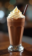 Thick chocolate shake topped with vanilla ice cream, food photography, dessert, delicious