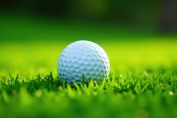 Close-up of golf ball nestled in lush green grass, fresh, background