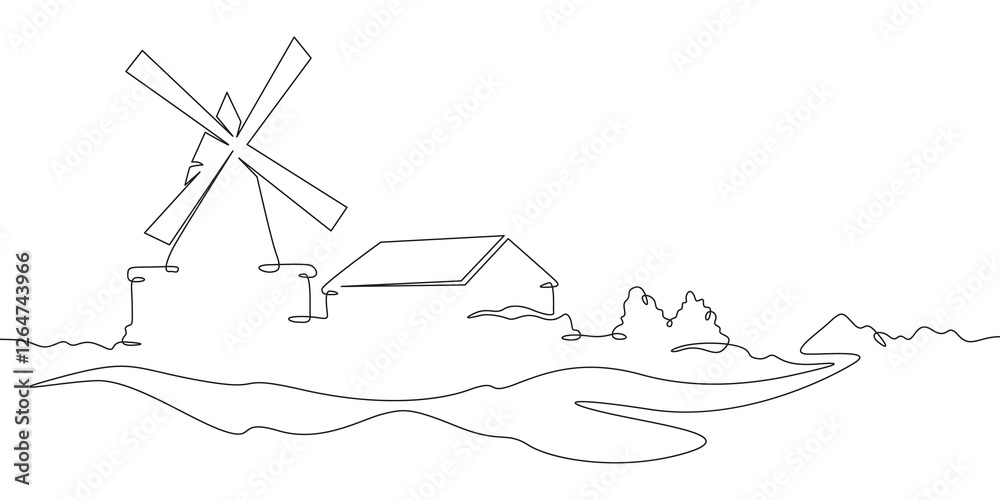 Poster continuous one line drawing windmill.an old mill on the plain. one continuous line isolated minimal 