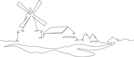 Continuous one line drawing windmill.An old mill on the plain. One continuous line isolated minimal illustration.Not AI.