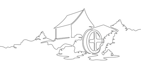 Continuous one line drawing water mill.An old mill on the river. One continuous line isolated minimal illustration.Not AI.