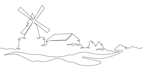 Continuous one line drawing windmill.An old mill on the plain. One continuous line isolated minimal illustration.Not AI.