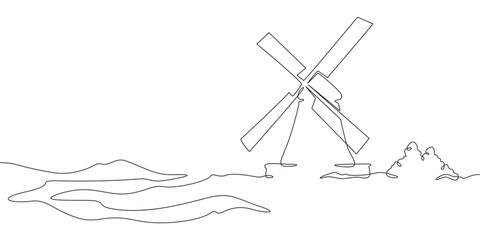 Continuous one line drawing windmill.An old mill on the plain. One continuous line isolated minimal illustration.Not AI.