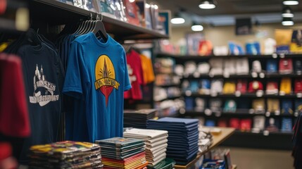 A university bookstore with a display of merchandise, including hoodies, mugs, and notebooks featuring the school logo.