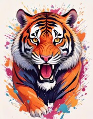 Fierce Roaring Tiger with Vibrant Orange and Black Fur, Surrounded by Bold Splashes of Paint in an Artistic Expression of Power and Energy

