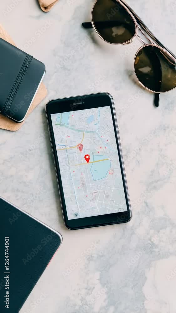 Poster Navigation map app showing route on smartphone screen near sunglasses and notebook, tracking travel destination using digital geolocation technology