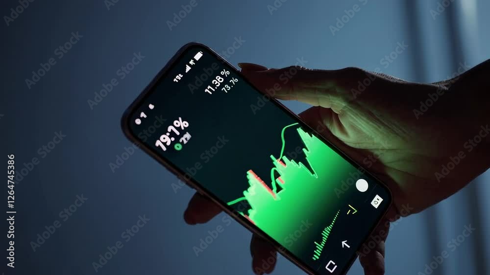 Poster Finance professional analyzes real time stock market data on smartphone, reflected in the changing percentages and graph patterns, captured in a slow motion sequence