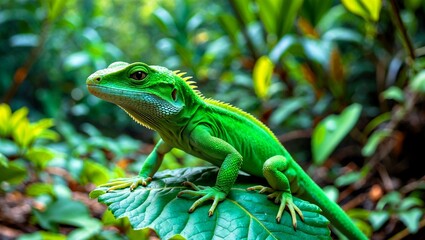 Fototapeta premium Vibrant green lizard resting on leaf amidst nature