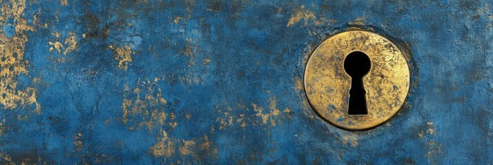 Gold Key Hole. Ancient Access Concept on Dark Turkish Blue Door Background