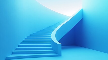 Minimalist image of a white staircase leading upwards against a blue background, with an arrow pointing up at the top