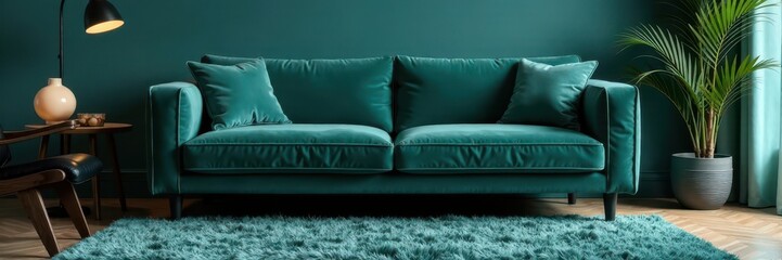 Deep teal velvet couch, fluffy rug, sleek black chair Warm lighting , accent piece, shag rug