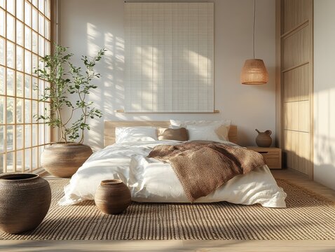 Peaceful bedroom interior featuring natural light and minimalist design