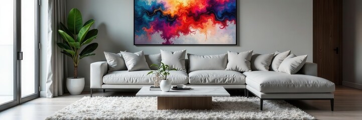 Grey sofa, plush rug, marble top coffee table, abstract art , style, grey