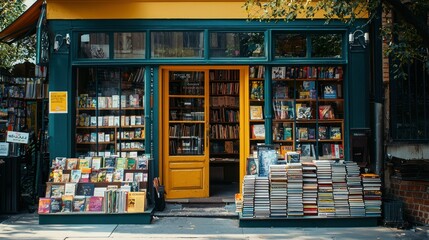 A vibrant bookstore front with an inviting open door and stacks of books outside.