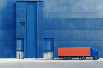 Obraz premium Orange cargo truck against a large blue industrial warehouse exterior