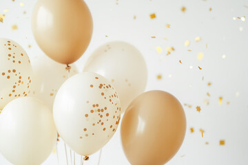 Elegant beige and white balloons with golden confetti for party celebration and festive mood