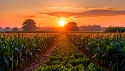 Vibrant sunset over serene green cornfield landscape
