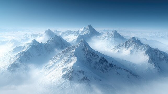 Majestic snow-covered mountain range under a clear blue sky with soft clouds in the background