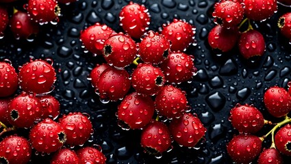 Water droplets on ripe red berries against black background