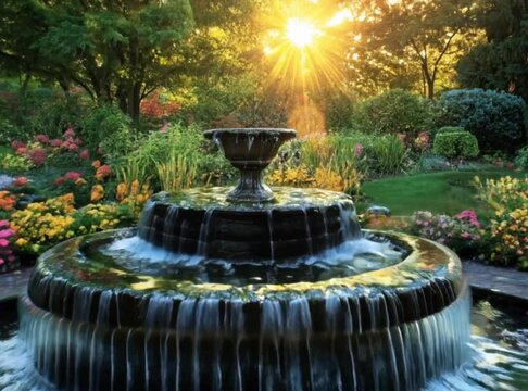 Serene Garden Fountain at Sunset: A Tranquil Oasis