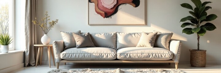Creamy walls, plush grey sofa, abstract print, soft lighting, comfy cushions, home decor, white
