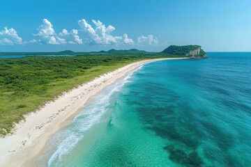 Serene beach with clear turquoise waters and lush greenery under a bright sky in a tropical paradise
