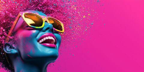 Cheerful woman with colorful hair and sunglasses celebrating Holi festival against pink background