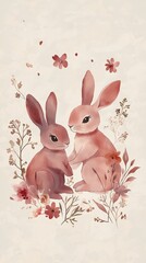 Fototapeta premium Hand-painted Easter card with watercolor rabbits and floral elements